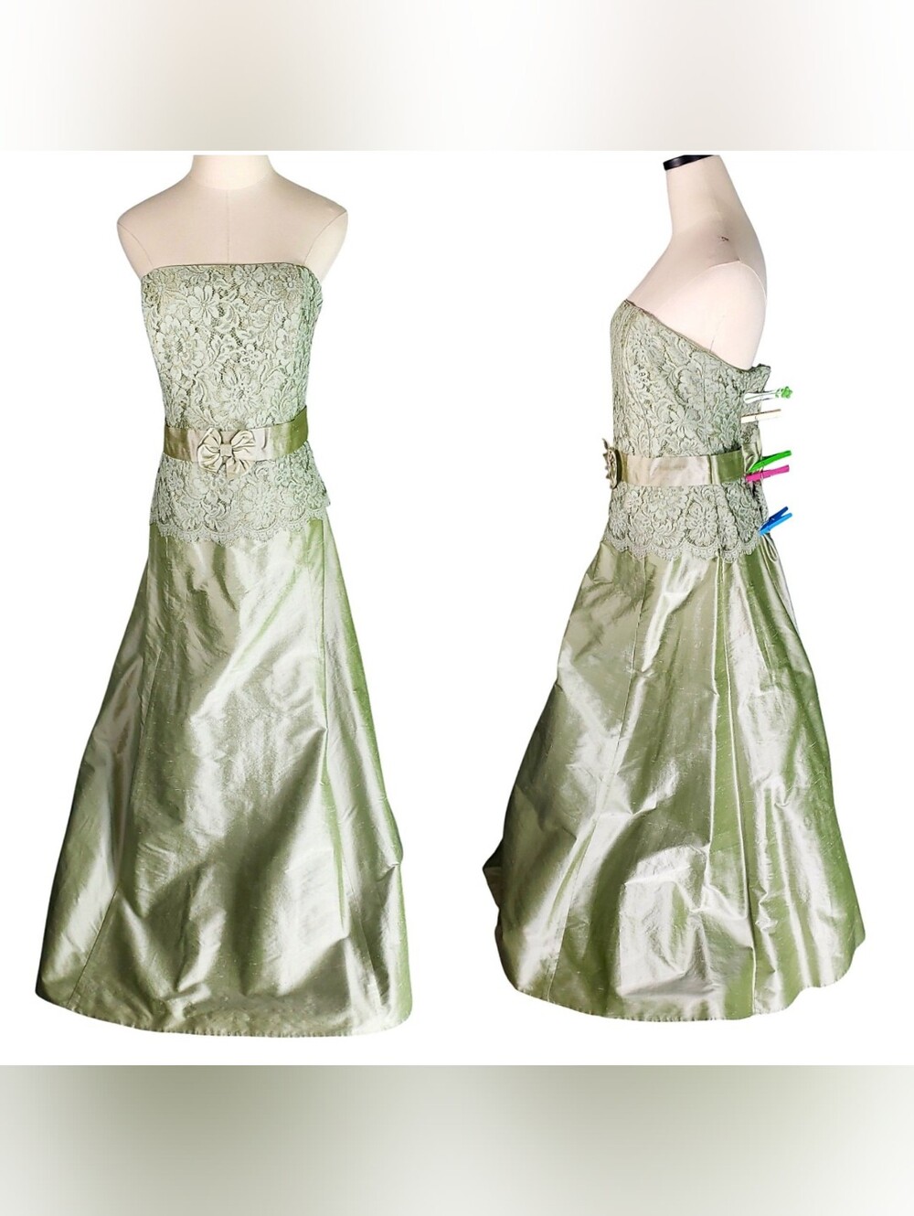 Scott McClintock 90's Vtg Raw Silk Lace Corset Sage Green Gown USA Bow Events 16